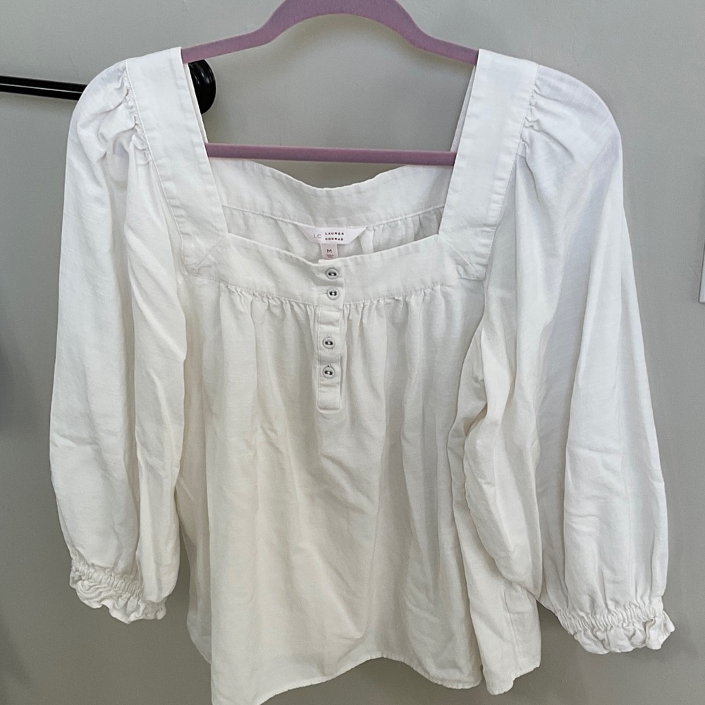 LC Lauren Conrad White Square-Neck Button Peasant Blouse